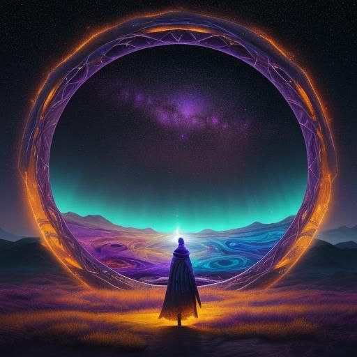 Nomad and Glowing Portal in Surreal Landscape