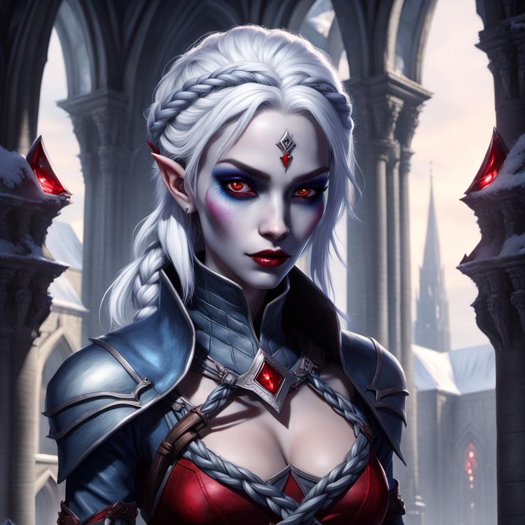 Beautiful Drow Rogue in Cathedral, Hyperrealistic Portrait