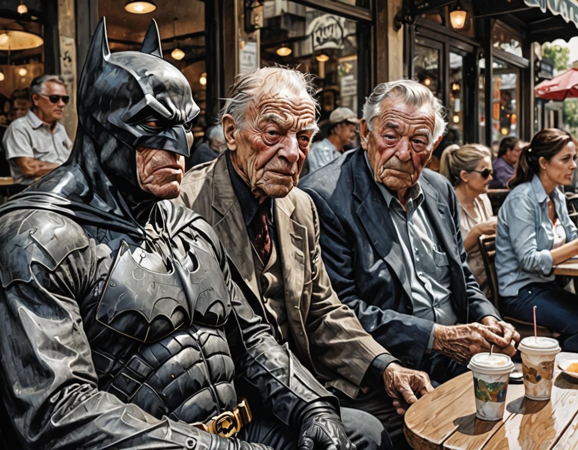 Old Batman and Robin at Cafe: Digital Charcoal Art