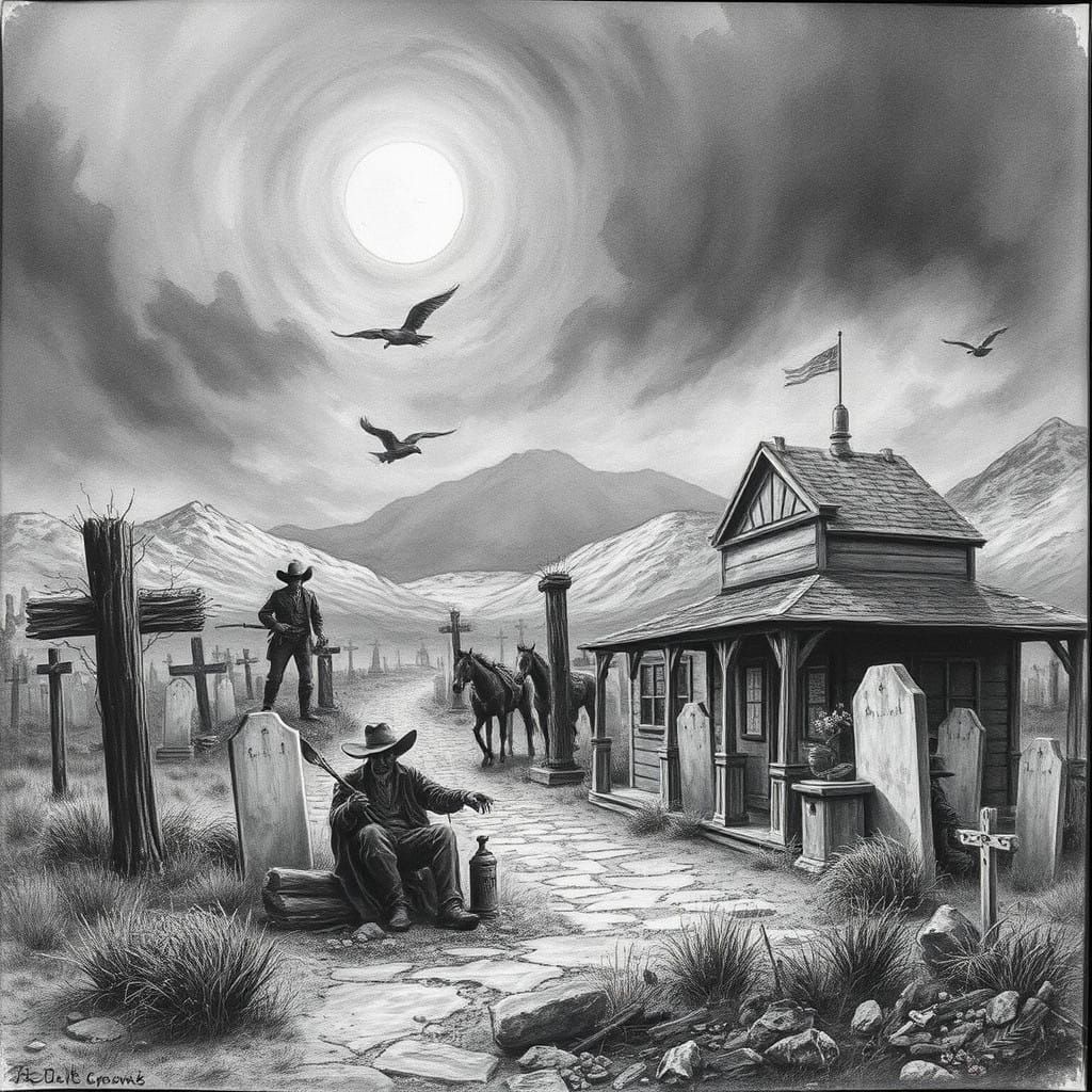 Desolate Western Cemetery in Charcoal Drawings