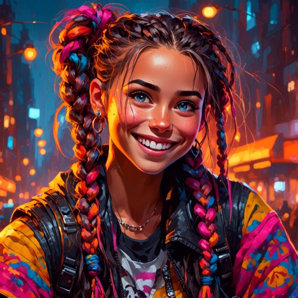 Smiling Girl with Braids in Vibrant Impasto Painting