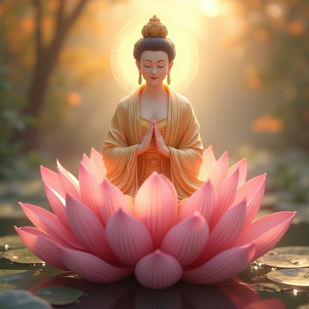 Serene Kwan Yin Blessing Devotee on Lotus, Golden Morning Li...