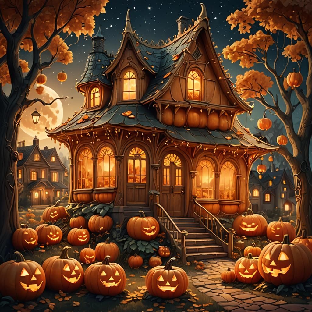 Pumpkin House with Glowing Windows, Fairy Tale Art