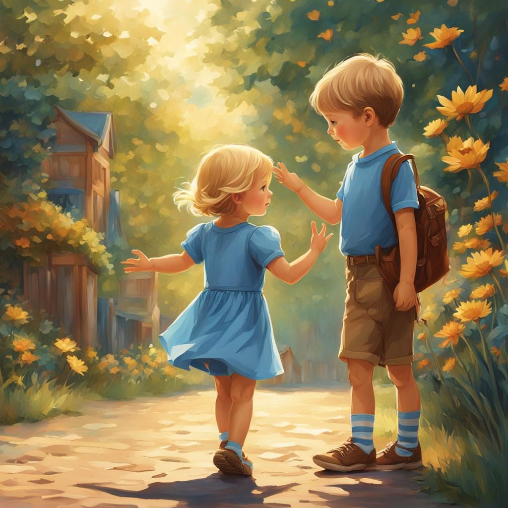 Girl and Boy High Five in Art Nouveau Style