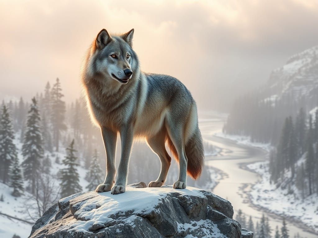 Majestic Gray Wolf in Misty Snowy Wilderness