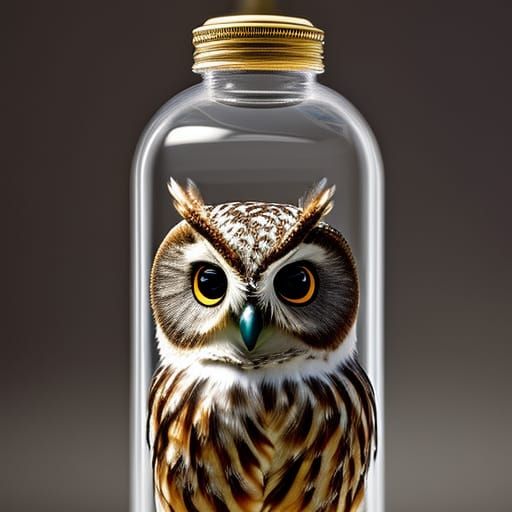 Adorable Owl Trapped in Glass Bottle: 8K Resolution