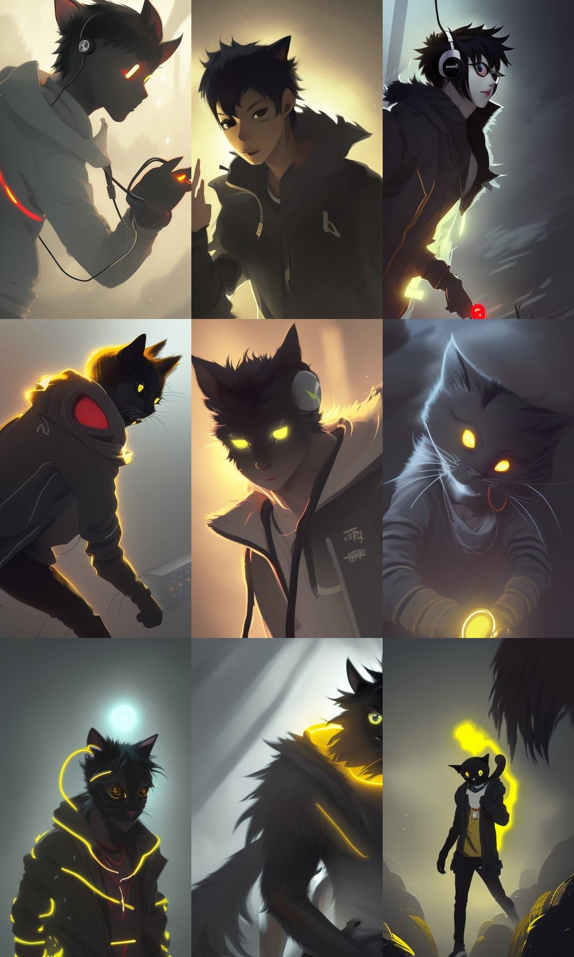 Anime Cat-Boy with Glowing Eyes, Dark Fantasy Art
