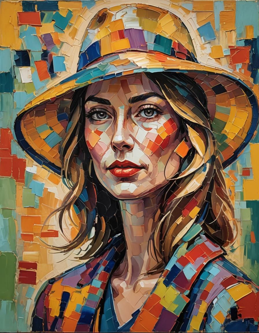 Expressionist Woman with Hat in Neo-Impressionist Oil Painti...