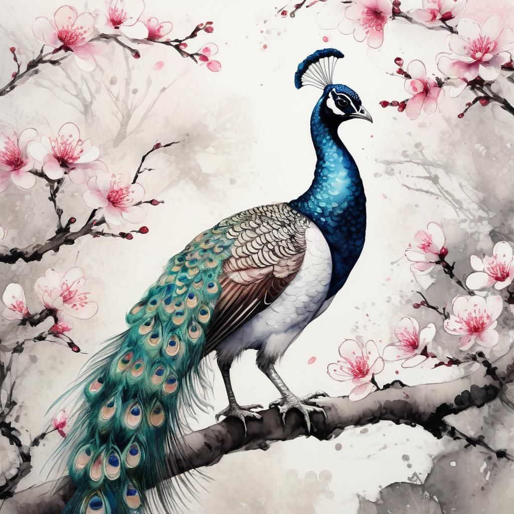 Peacock and Plum Blossoms in Chinese Ink Style