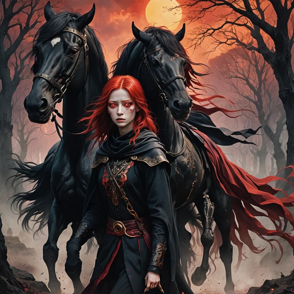 Crimson-Haired Rider on Black Horse in Dark Fantasy Art