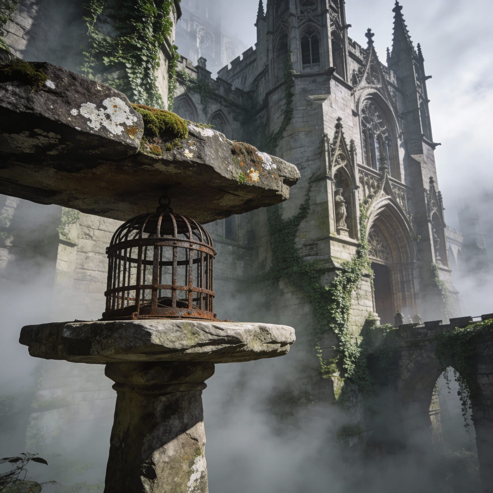 Realistic Gothic Giant Castle in Foggy Landscape