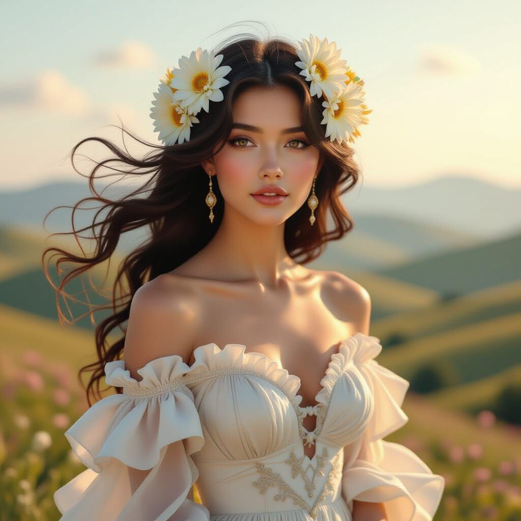 Woman with Chrysanthemums in Art Nouveau Vaporwave Style