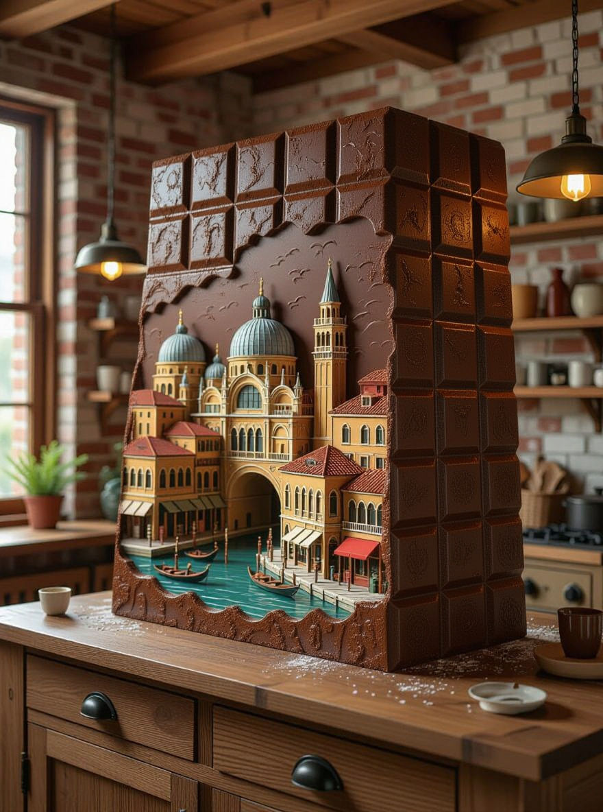 Giant Chocolate City Sculpture in Semi-Anime Style