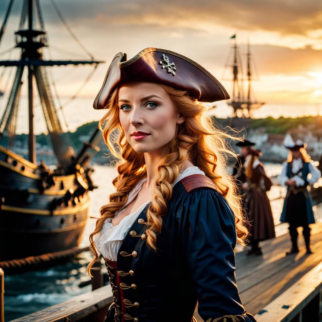 Fierce Pirate Captain in 1700s Harbor at Sunset
