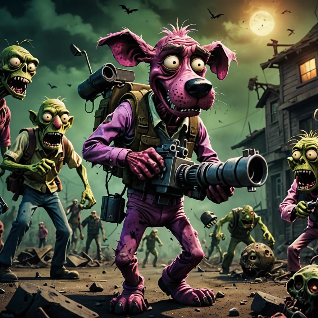 Courage the Dog Battles Zombies with Minigun