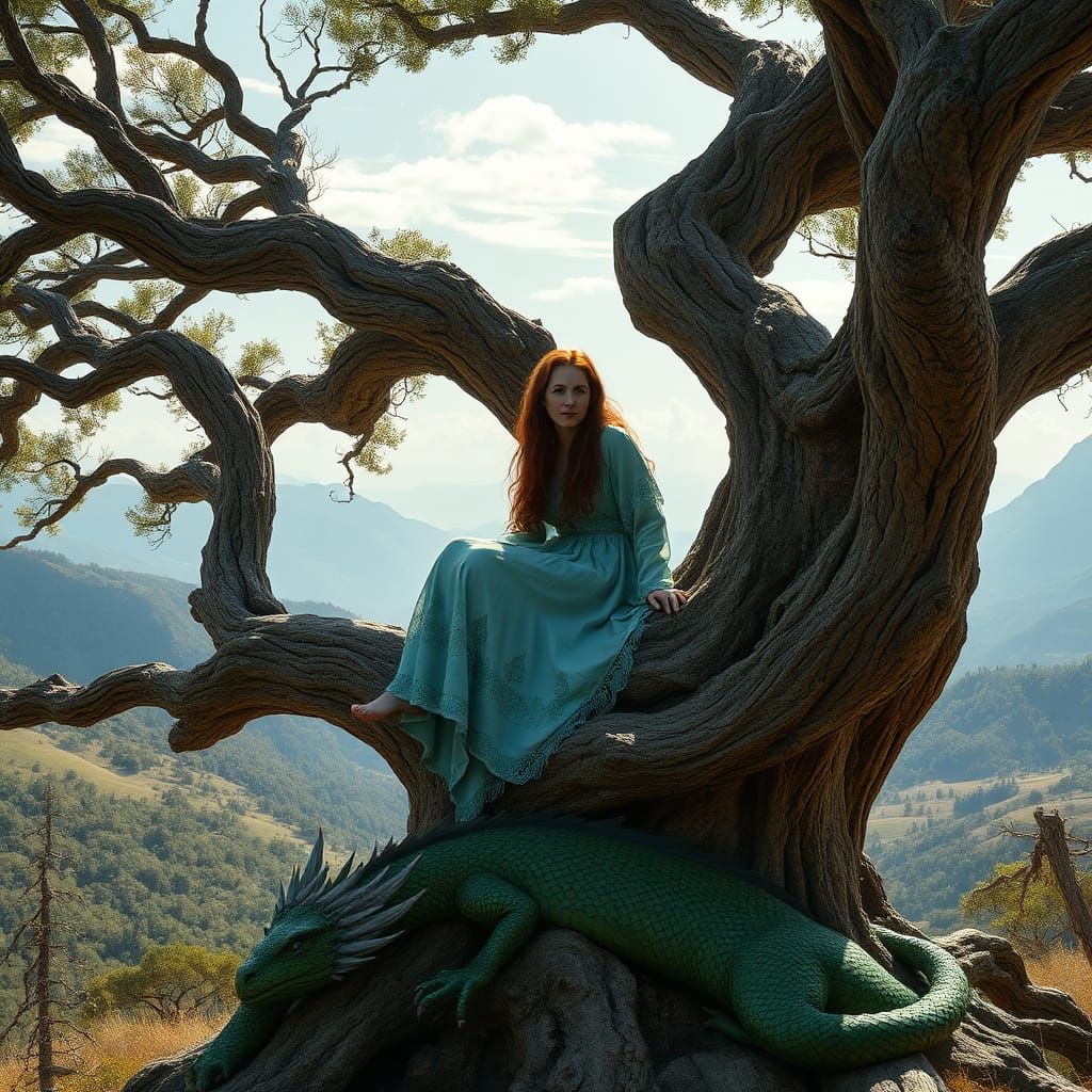 Woman and Dragon in Ancient Oak Tree