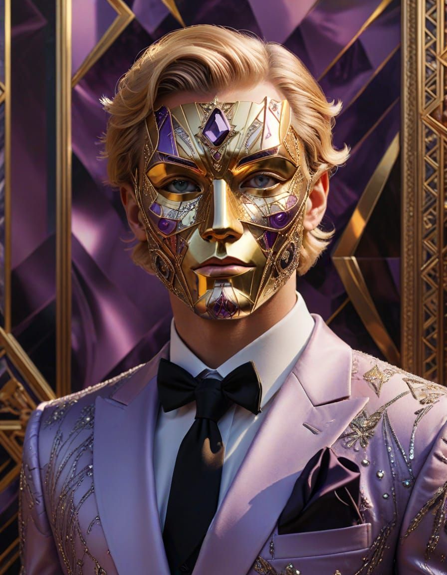 Luxurious Masquerade Portraits in Neo-Cubist Art Deco Style