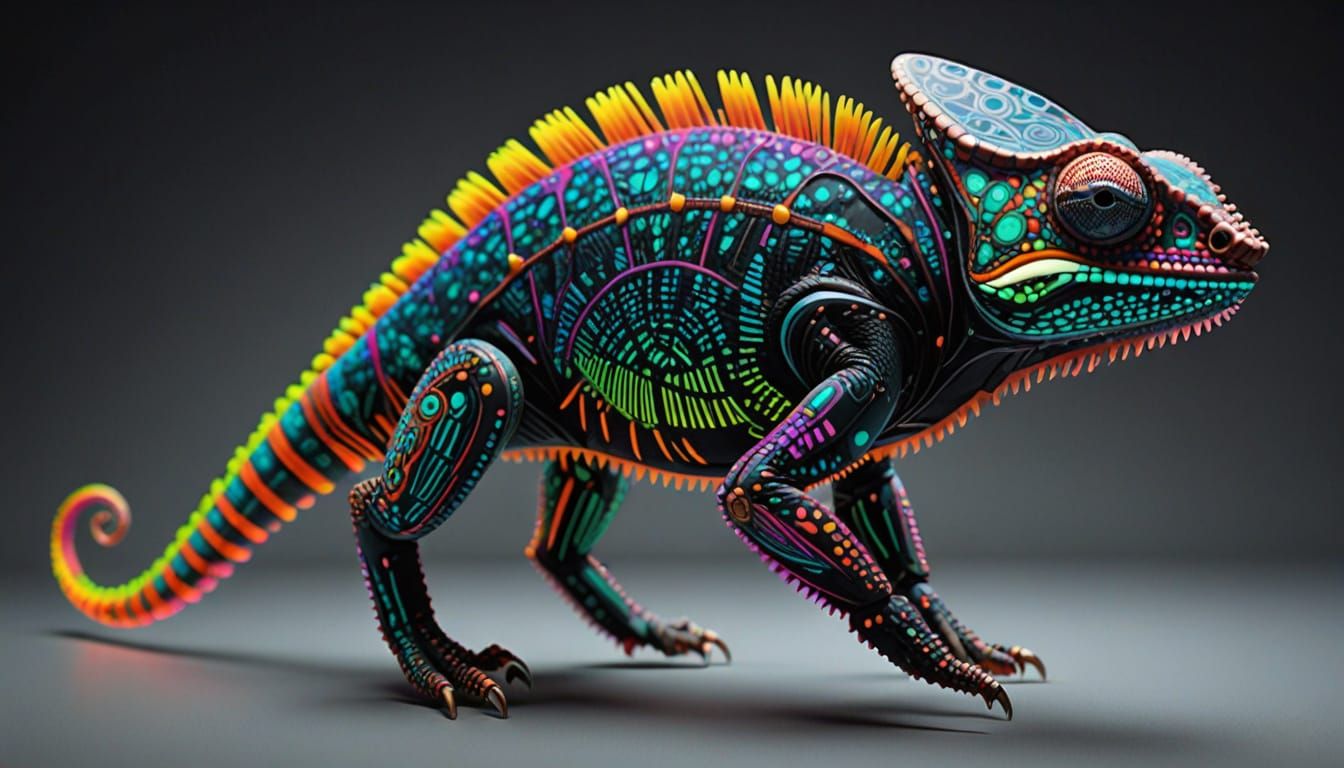 Cybernetic Chameleon in Neon Digital Glitch