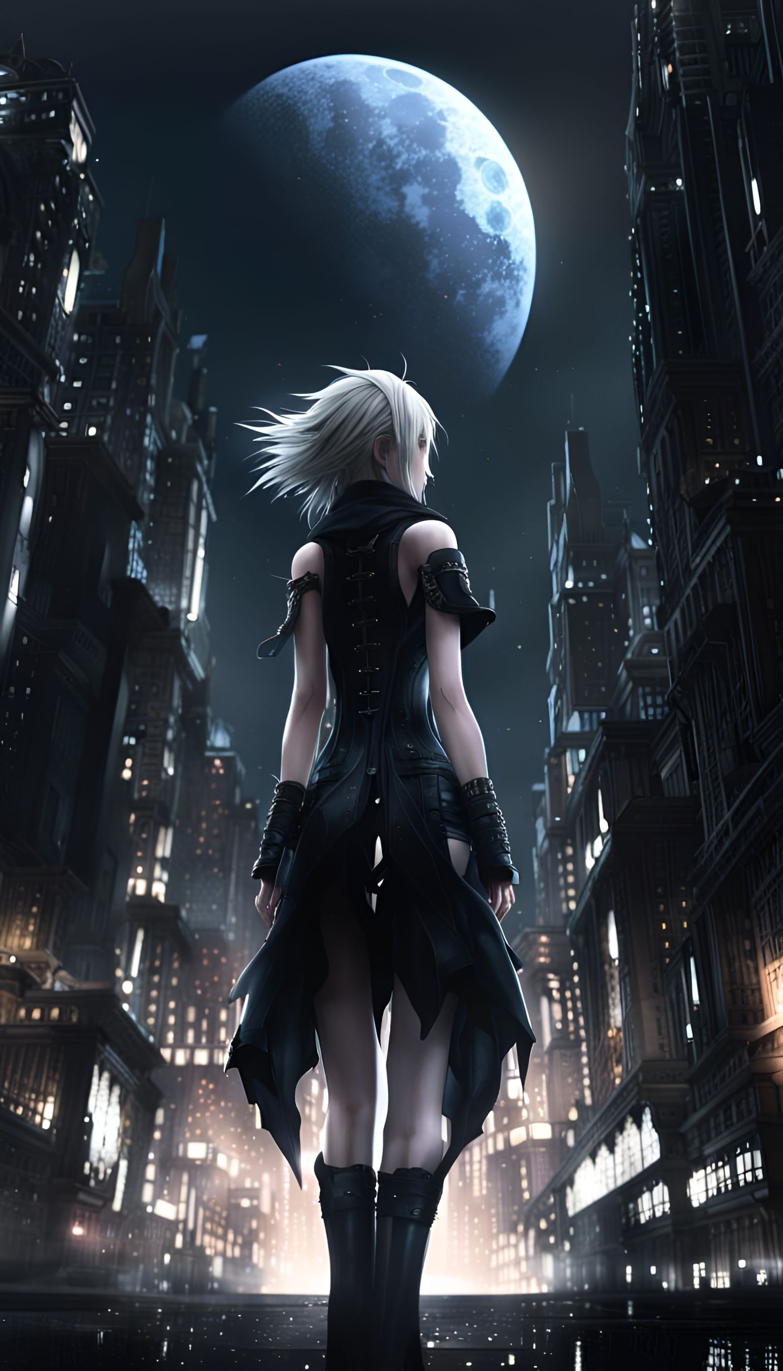 Final fantasy versus xiii, Stella nox fleuret, standing on streets of Insomnia city, backwards body view only, mega Goth...
