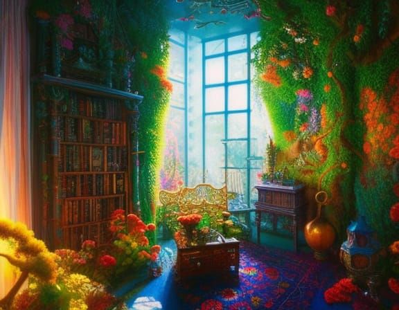 Fantastical Maximalist Room with Birds and Flowers