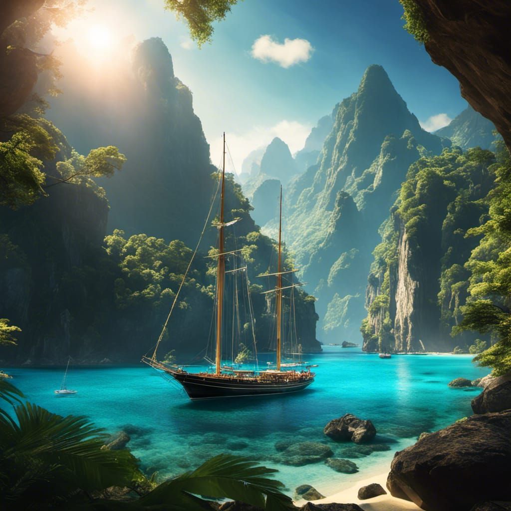 Sailing Yacht in Tropical Cove at Sunset