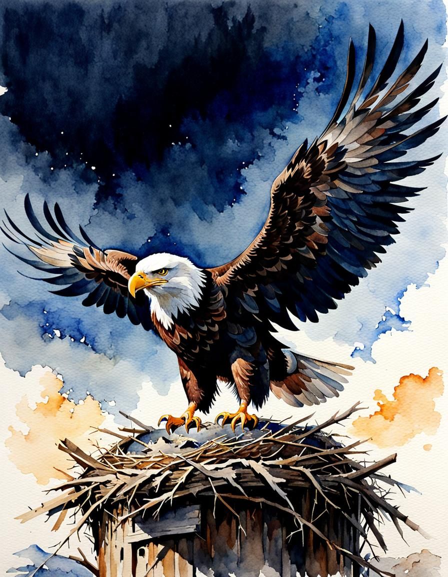 Watercolor Eagle Guarding Empty Nest