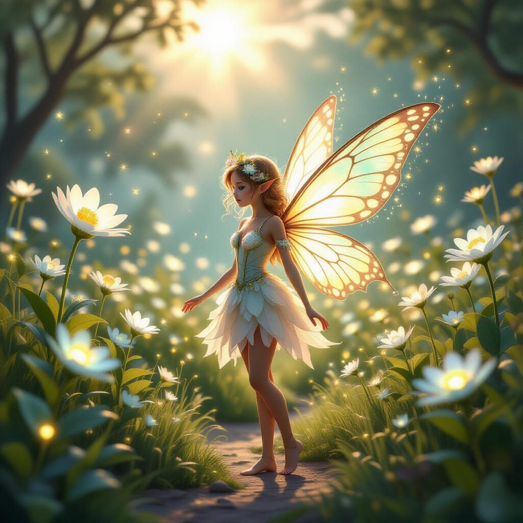 Whimsical Fairy with Bioluminescent Wings in Luminous Garden