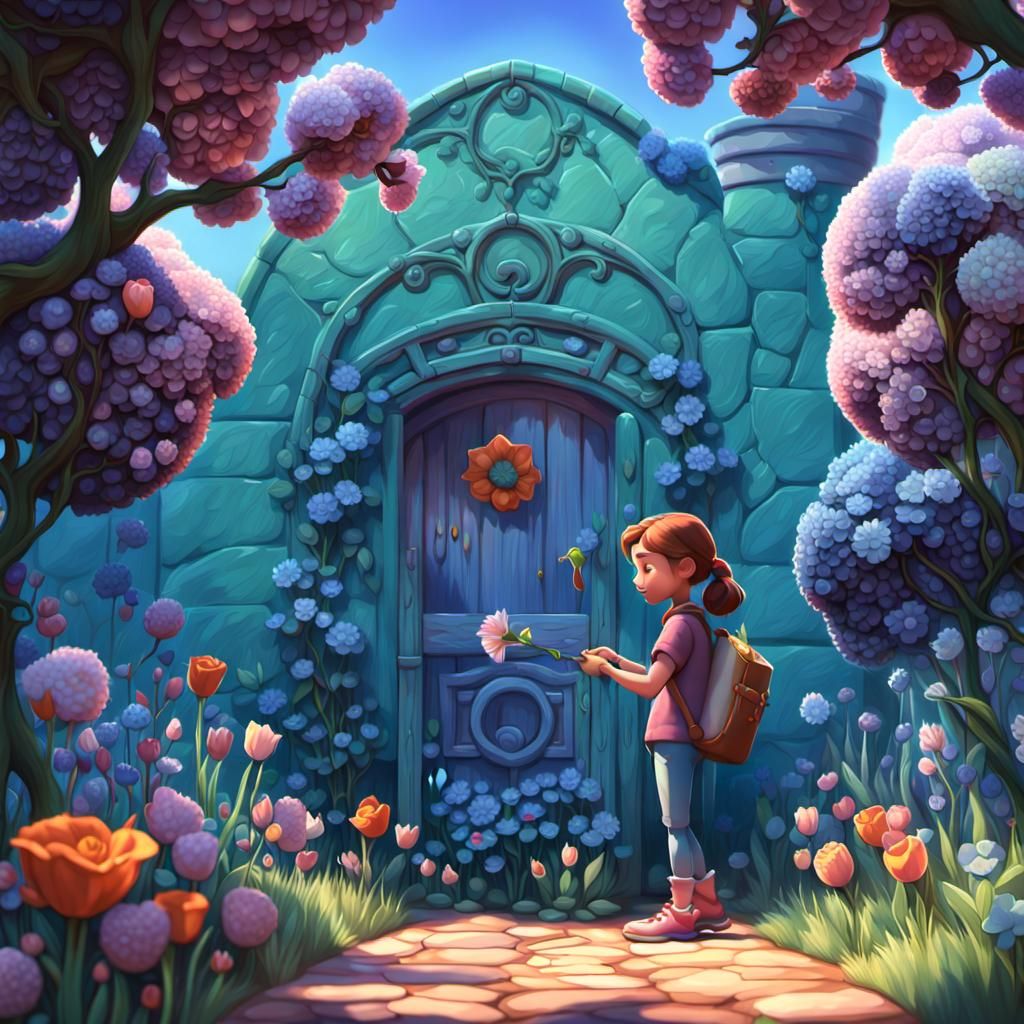 Girl Painting in Floral Greenhouse: Pixar-Style 3D Art