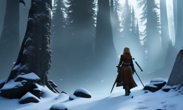 Blonde Woman and Wookiee in Snowy Woods