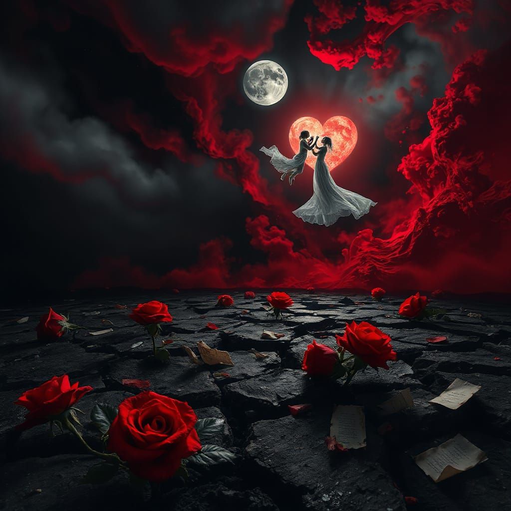 Gothic Surreal Dreamscape of Shadow Roses and Ghostly Figure...