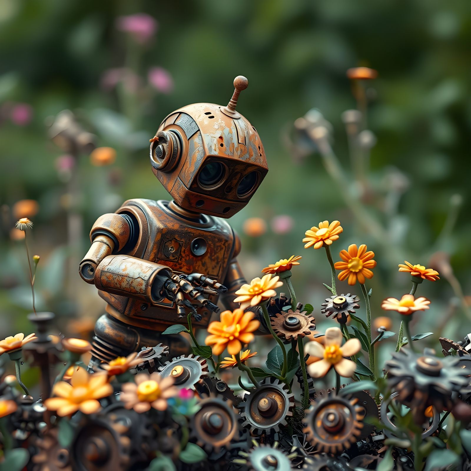 A Rusty Robot Tends a Scrap Metal Garden