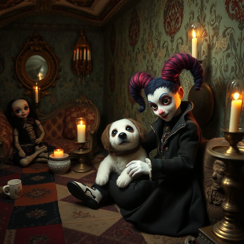 Steampunk Doll and Puppy in Patchwork Style