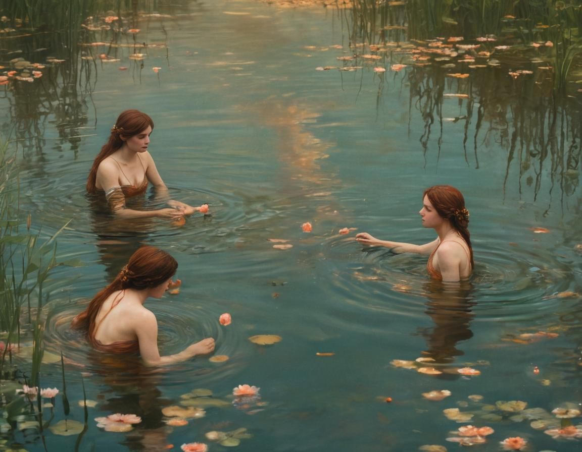 Artemis and Nymphs in Lake: A Pre-Raphaelite Scene