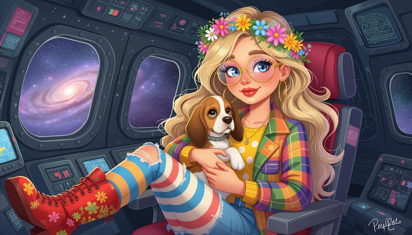Whimsical Space Traveler Hugs Basset Hound in Detailed Illus...
