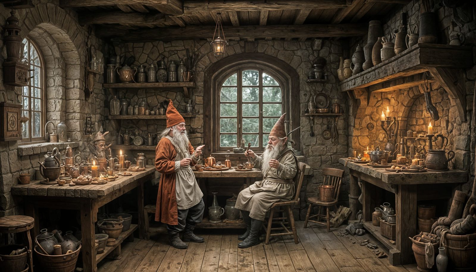 Gnomes Dancing in a Cozy Medieval Kitchen Scene