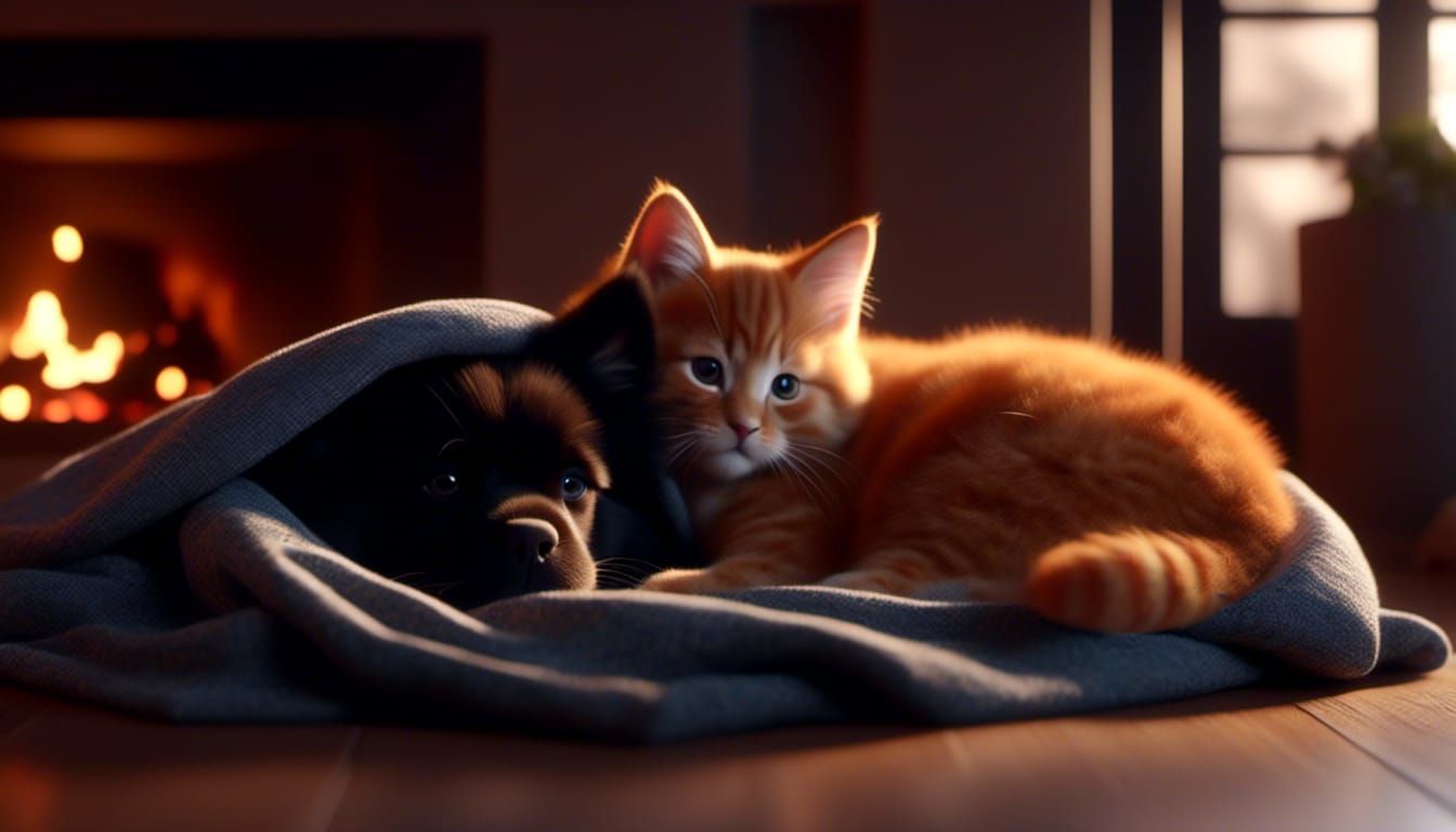 Orange Cat and Puppy Cuddle in Blanket Fort