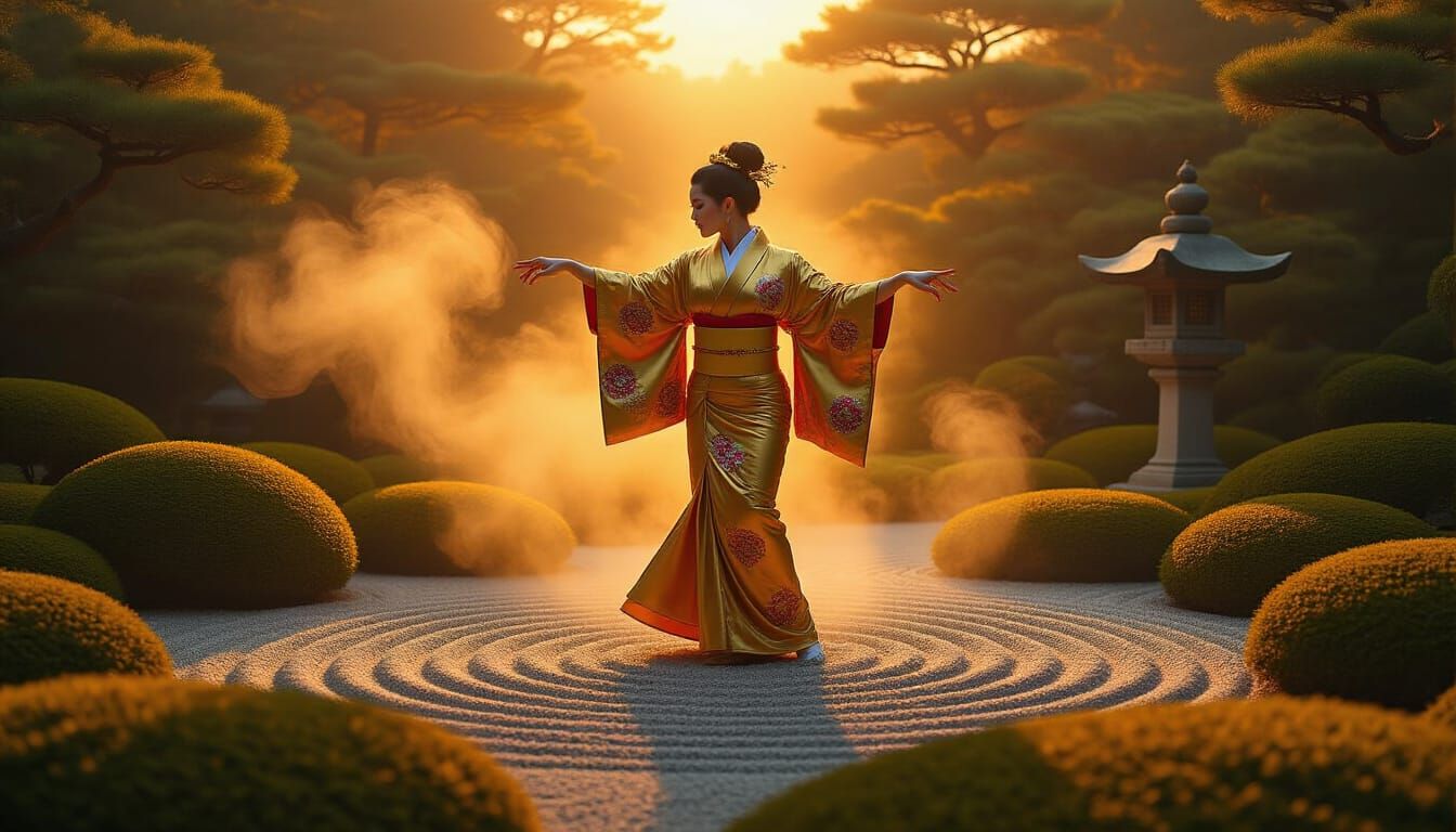 Golden Toilet in Kimono Dances in Zen Garden
