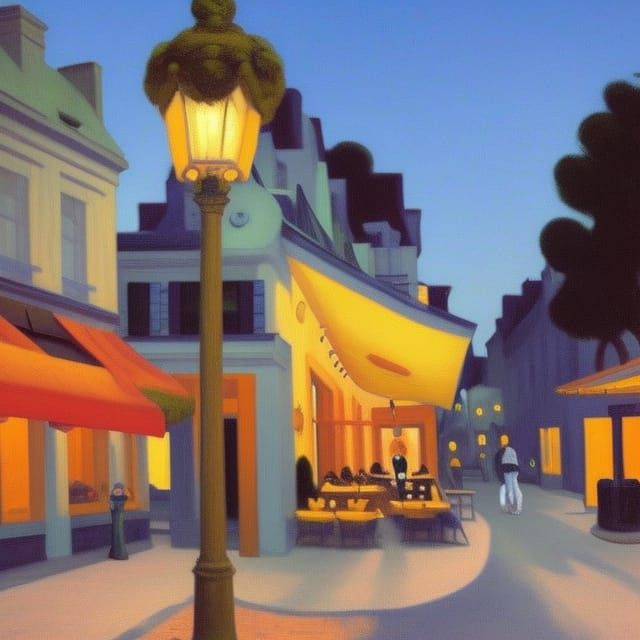 Paris French garden at night glow street lamp Edward Hopper intricately detailed detailed painting modern art noctilucen...