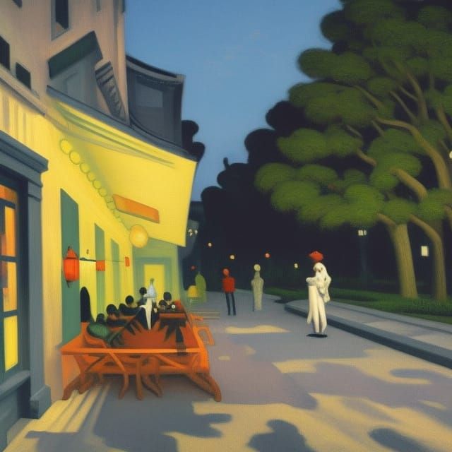 Paris French garden at night glow street lamp Edward Hopper intricately detailed detailed painting modern art noctilucen...