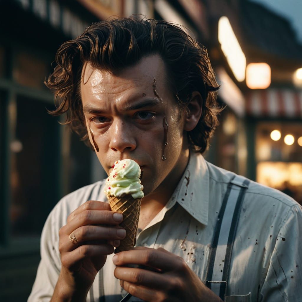 Harry Styles in Film Noir Style with Ice Cream
