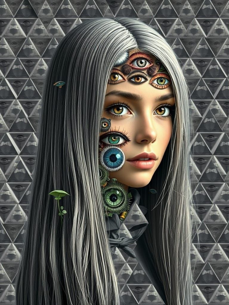 Surreal Woman with Eye Hair, Surrounded by Black Pyramids an...