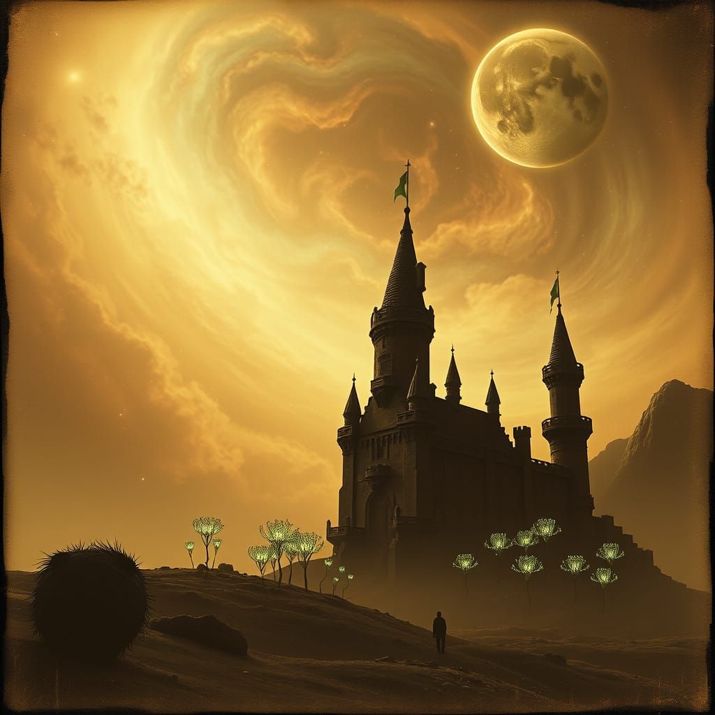 Ancient Castle on Alien Planet Against Nebula