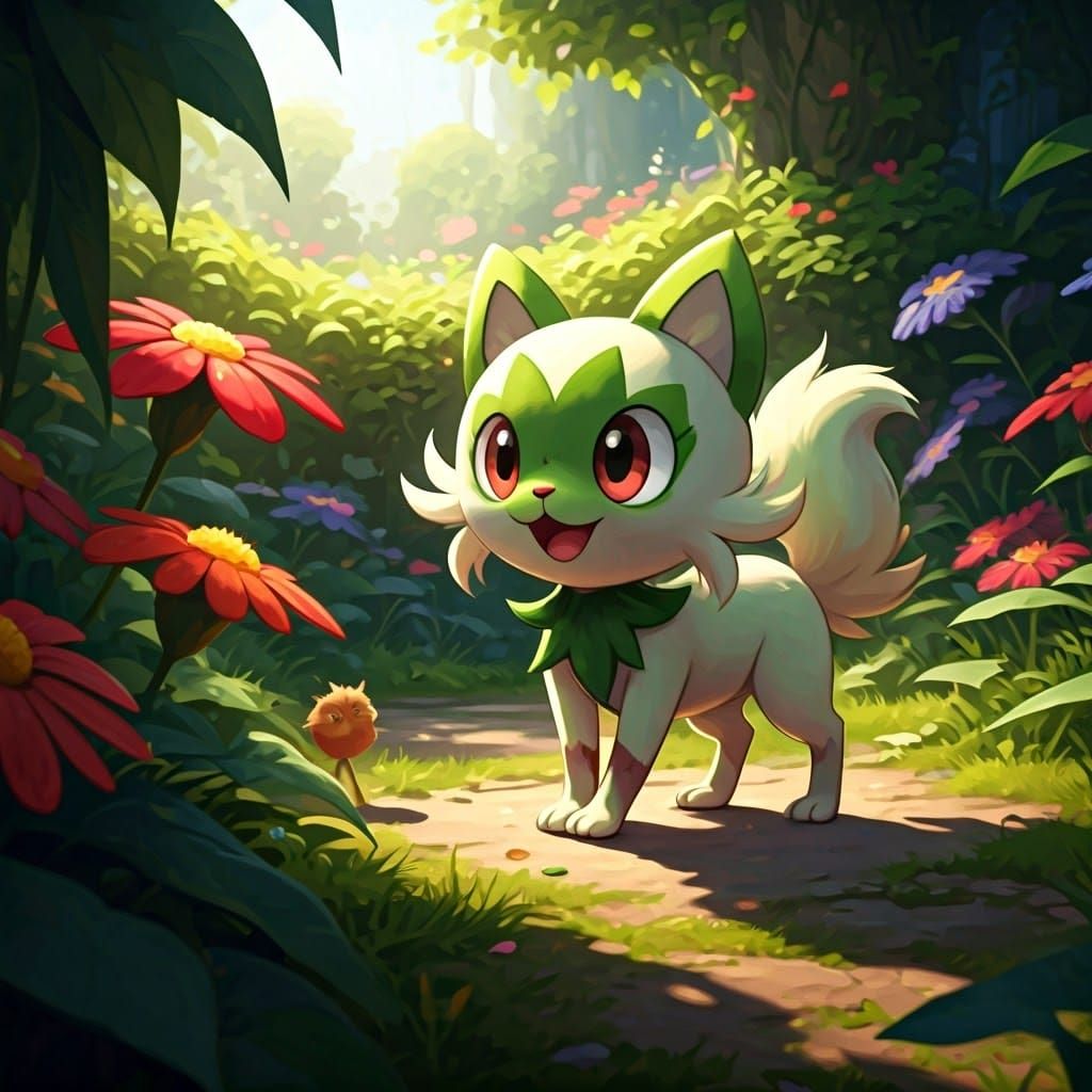 Sprigatito in a Sunlit Fantasy Garden