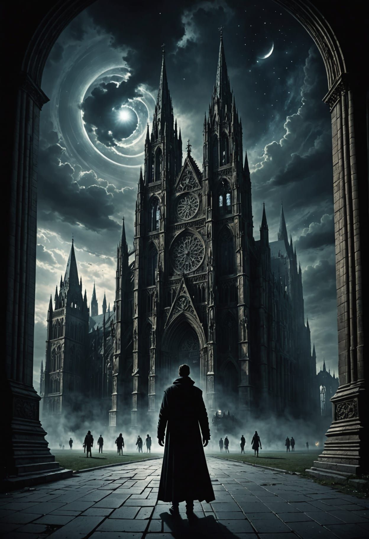 Colossal Gothic Cathedral in Cosmic Horror Sky
