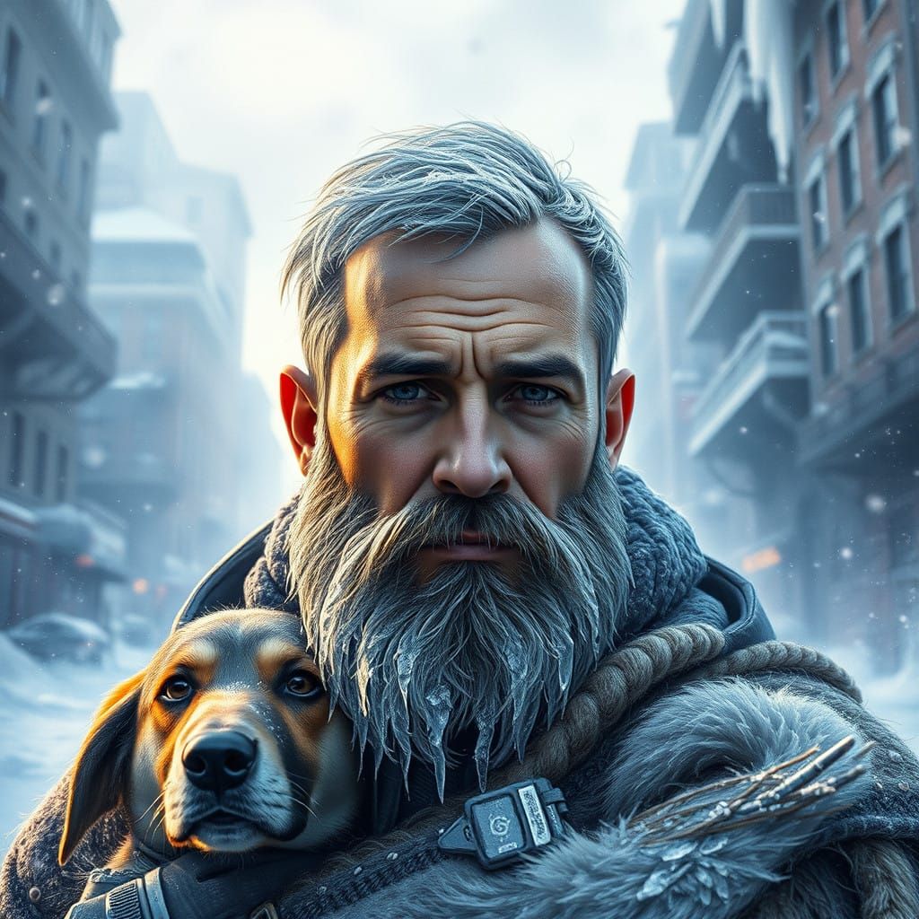 Man with Dog in Frosty Cityscape Portrait, Dynamic Lighting,...