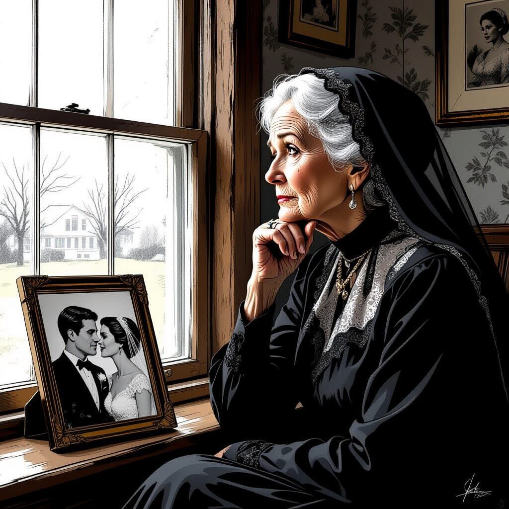Elderly Woman in Thought: Hyper-Realistic Comic Book Art