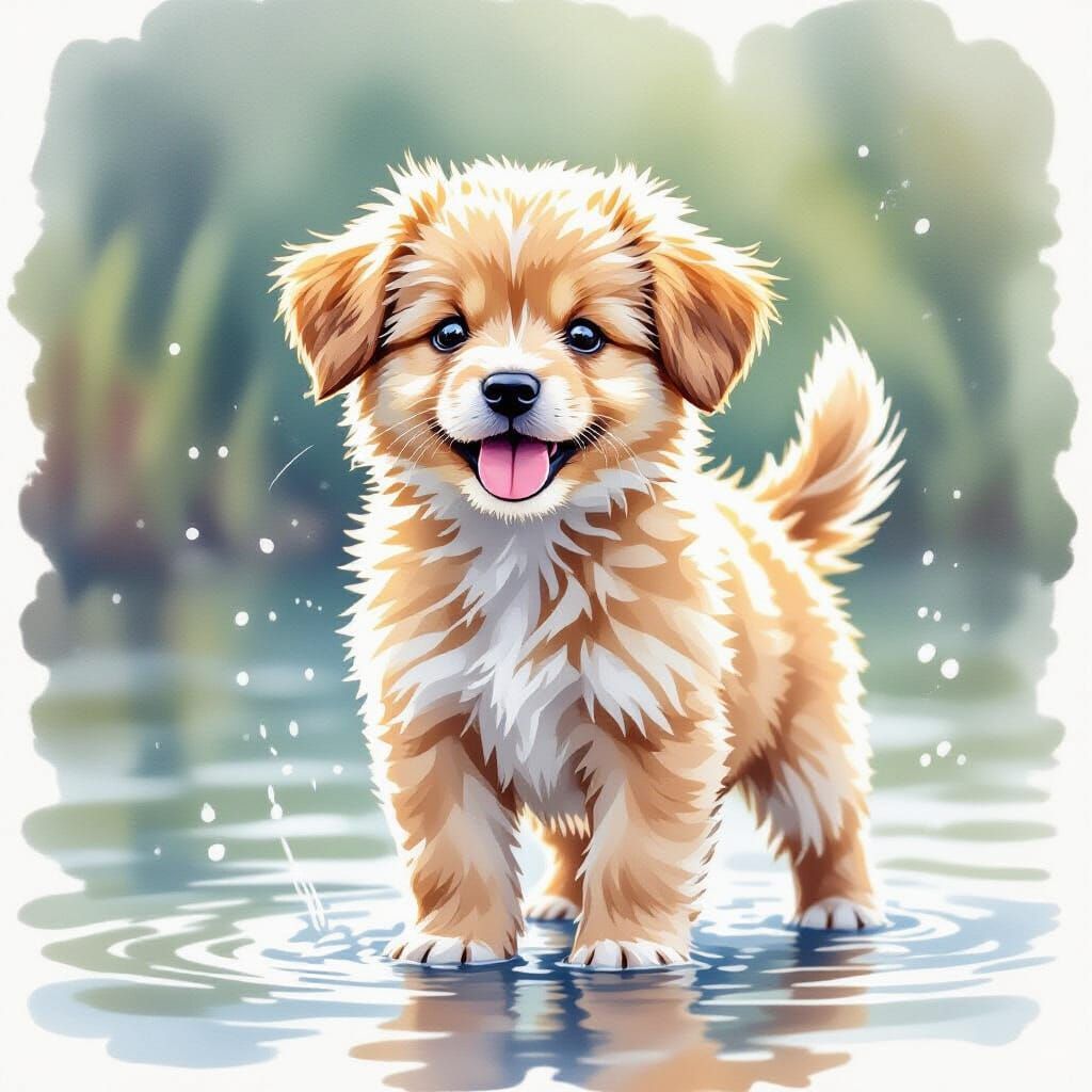 Wet Puppy Shaking Water Off In Watercolor Style