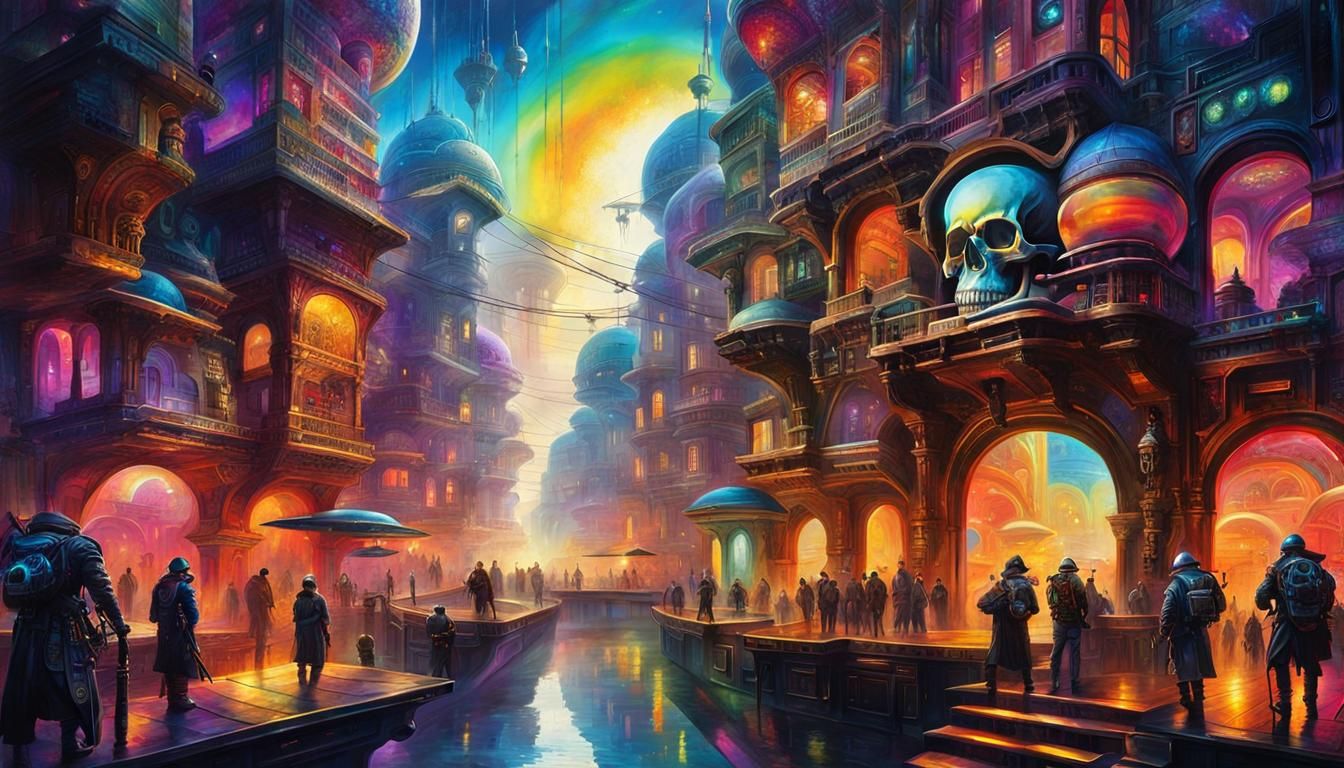 Psychedelic Space Pirate Skull City in Cyberpunk Style