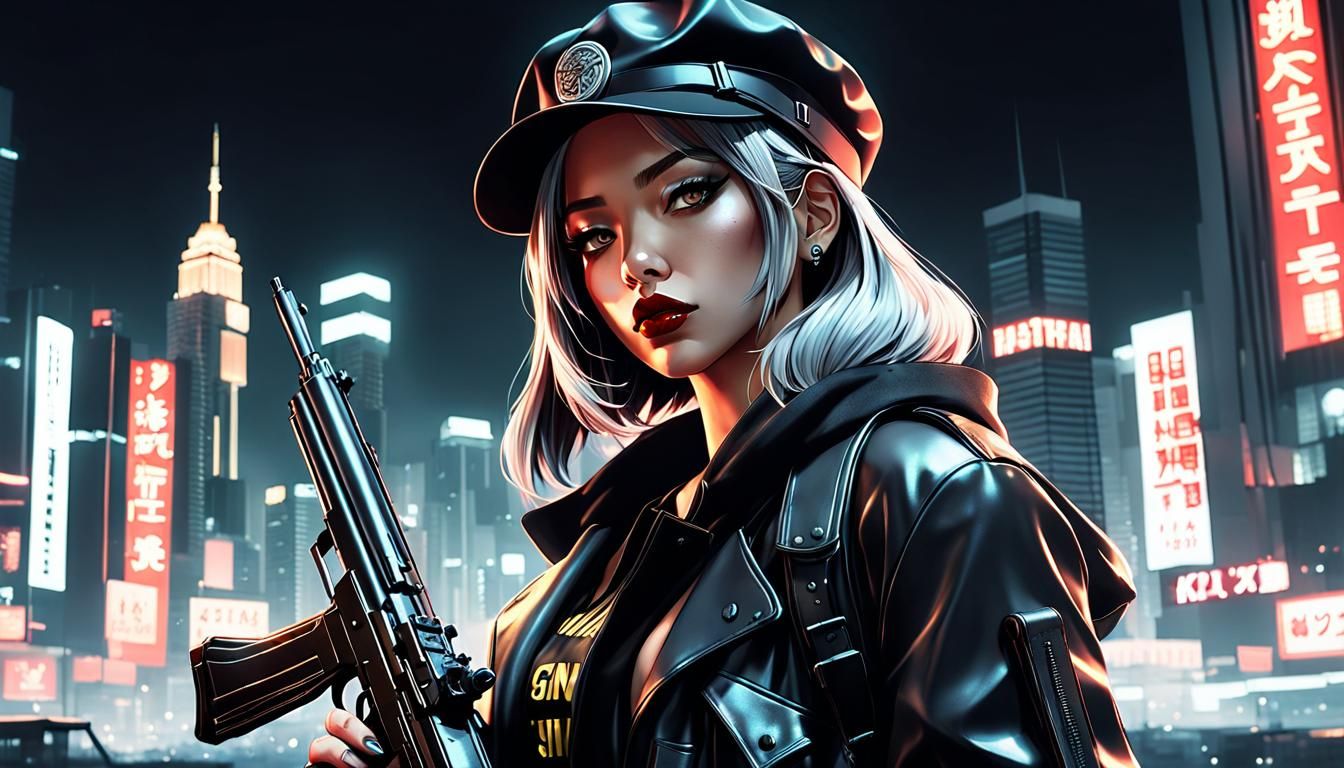 Anime-Style Portrait of Woman with Thompson Gun