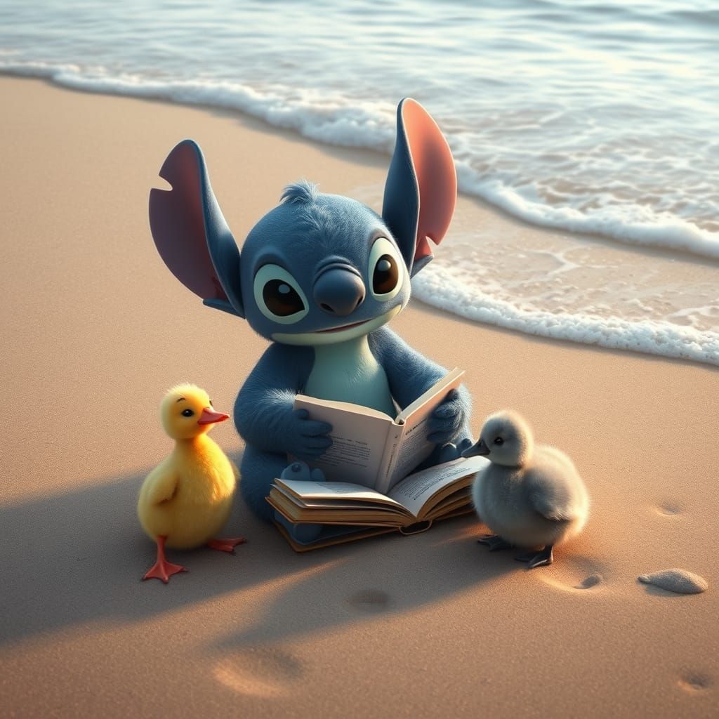 Fluffy Stitch Reading to Ducklings on a Beach